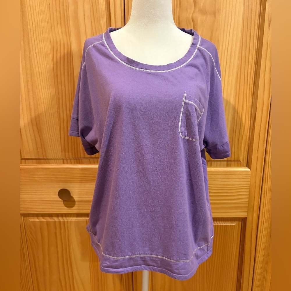 Anne Klein Purple Boxy Relaxed pocket T-Shirt with white contrast stitching